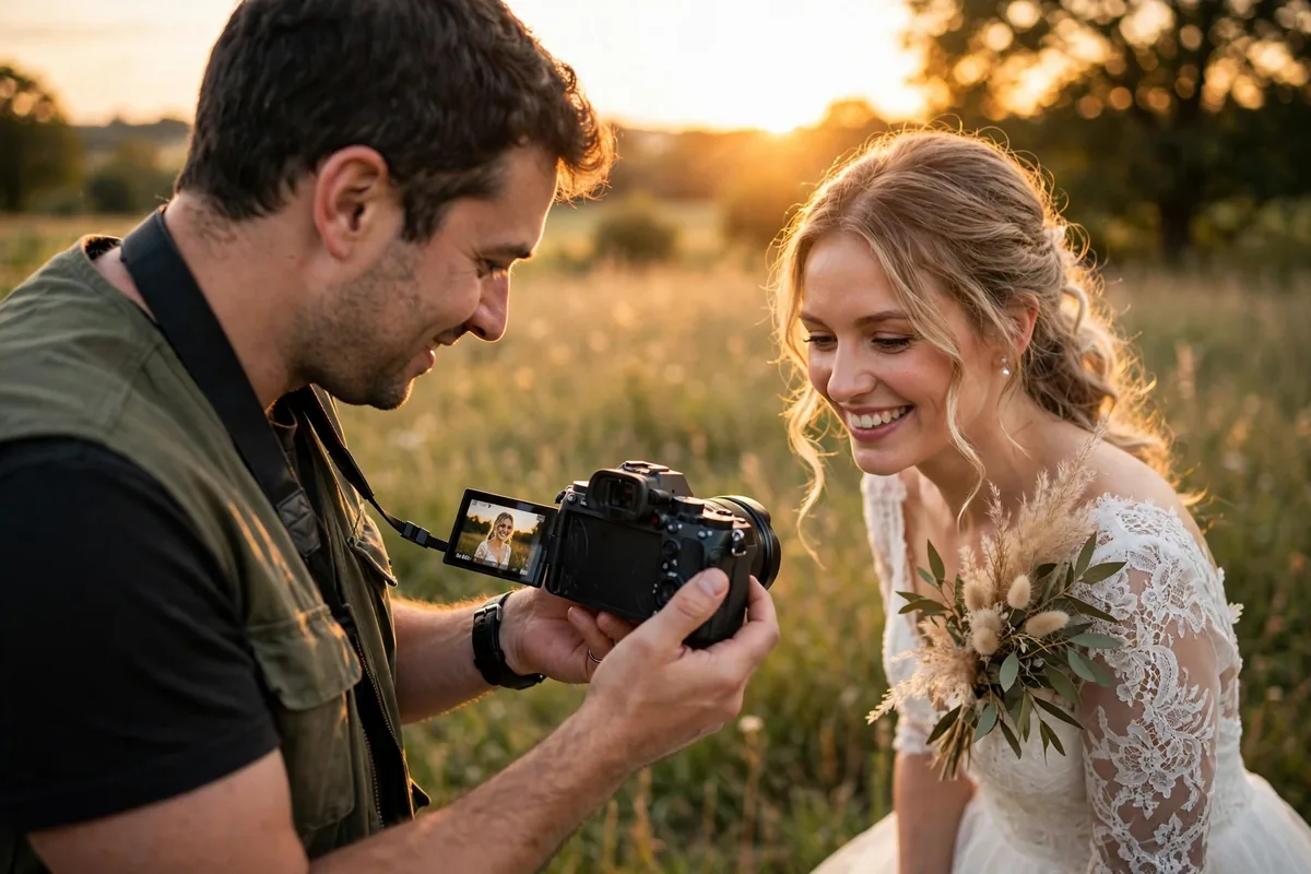 Wedding photographer showing photos on a camera display to a smiling bride during golden hour portraits