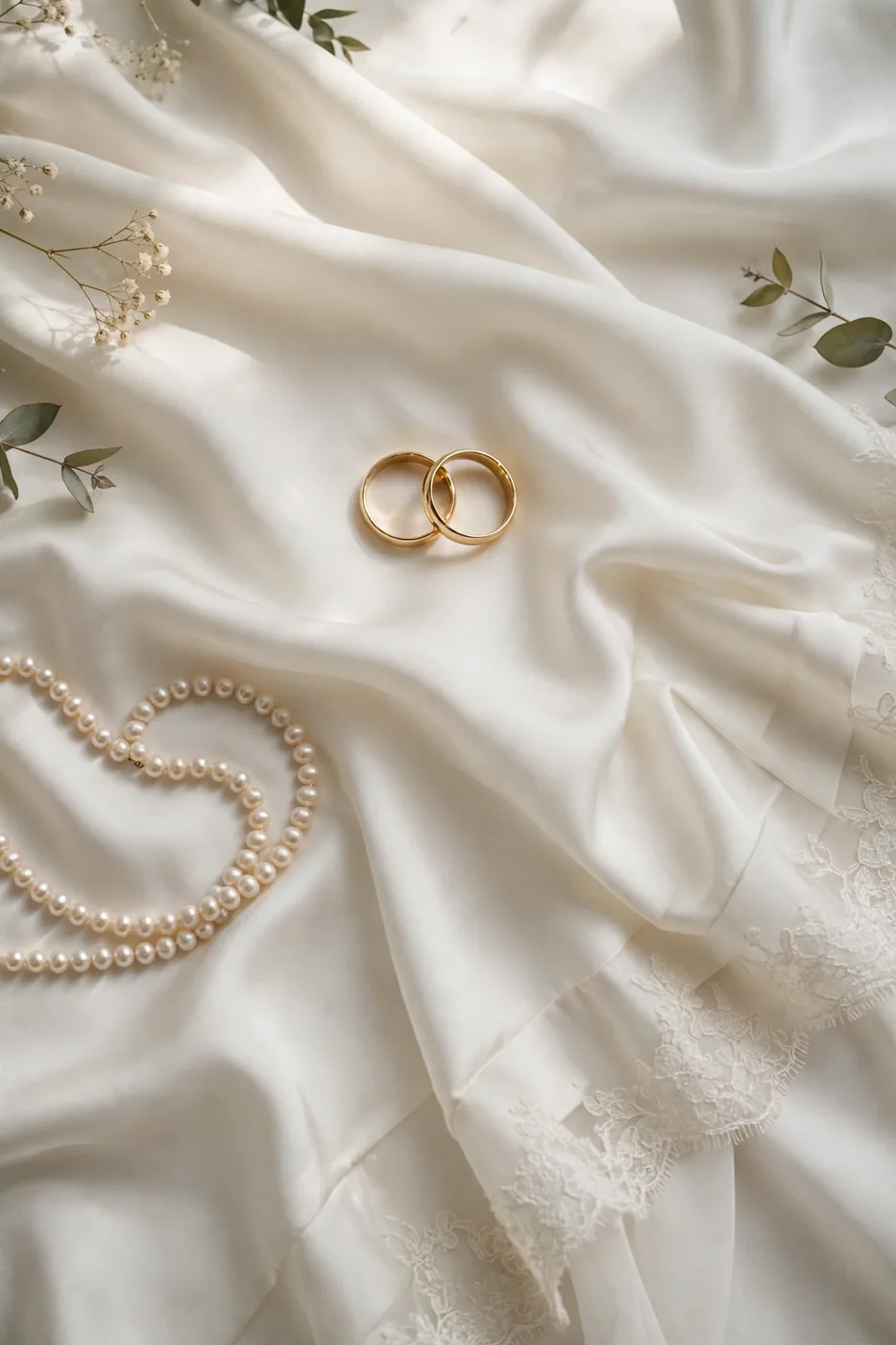 Gold wedding bands on silk wedding dress with pearl necklace detail