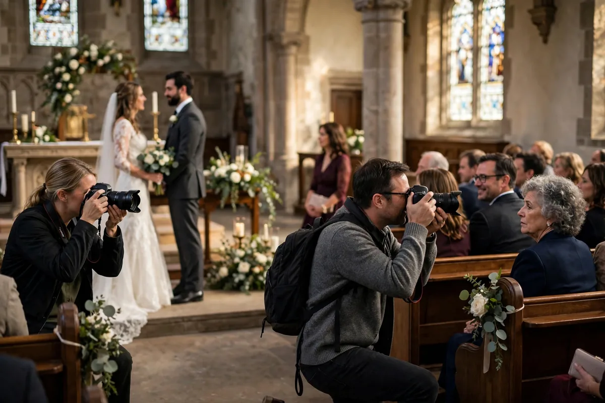 Two wedding photographers working a ceremony, one at the altar and one capturing guest reactions from the aisle