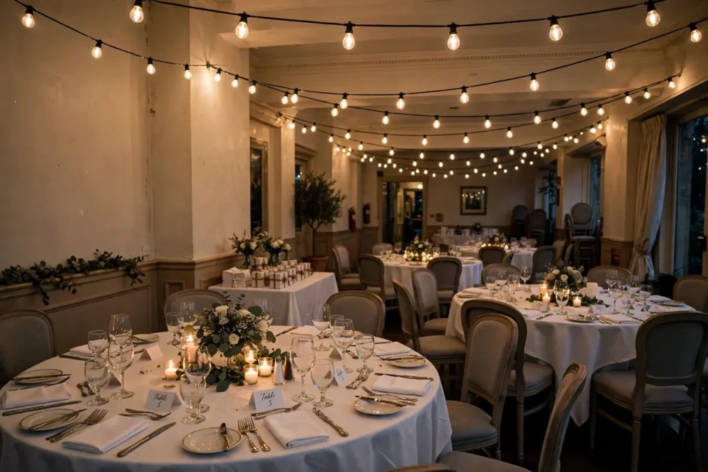 Elegant wedding reception ballroom with candlelight centerpieces and string lights